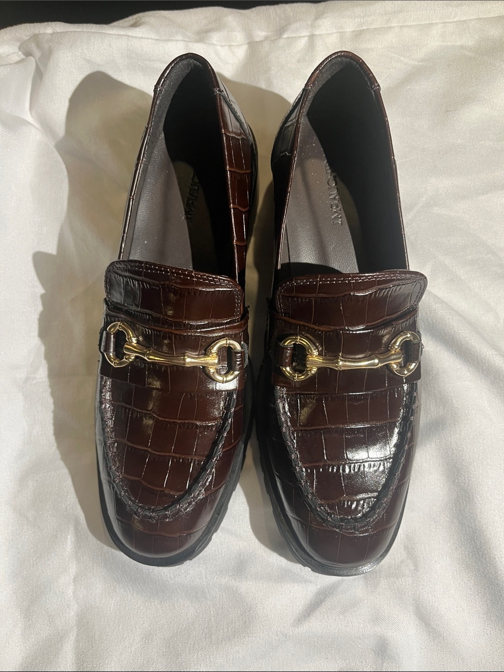 J. McLaughlin Dark Brown Croc-Embossed Leather Loafers with Gold Bit